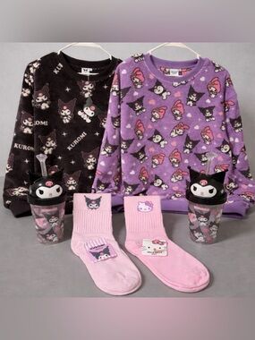 6 PC Sanrio Hello Kitty Friends& Kuromi Fleece Top Water Bottle Pink Slouch Sock